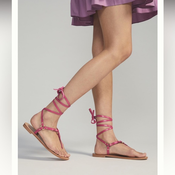 New🌟Anthropologie Pilcro Harness Tie Up Sandals Gladiator Leather-Medium Pink - Picture 2 of 5